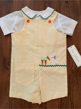Yellow Seersucker Bunny Romper with White Collared Shirt Green Trim Vintage